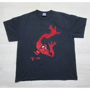Vintage 1990s Spider Man Flocked Print T Shirt (L) Marvel Superhero Comic Book